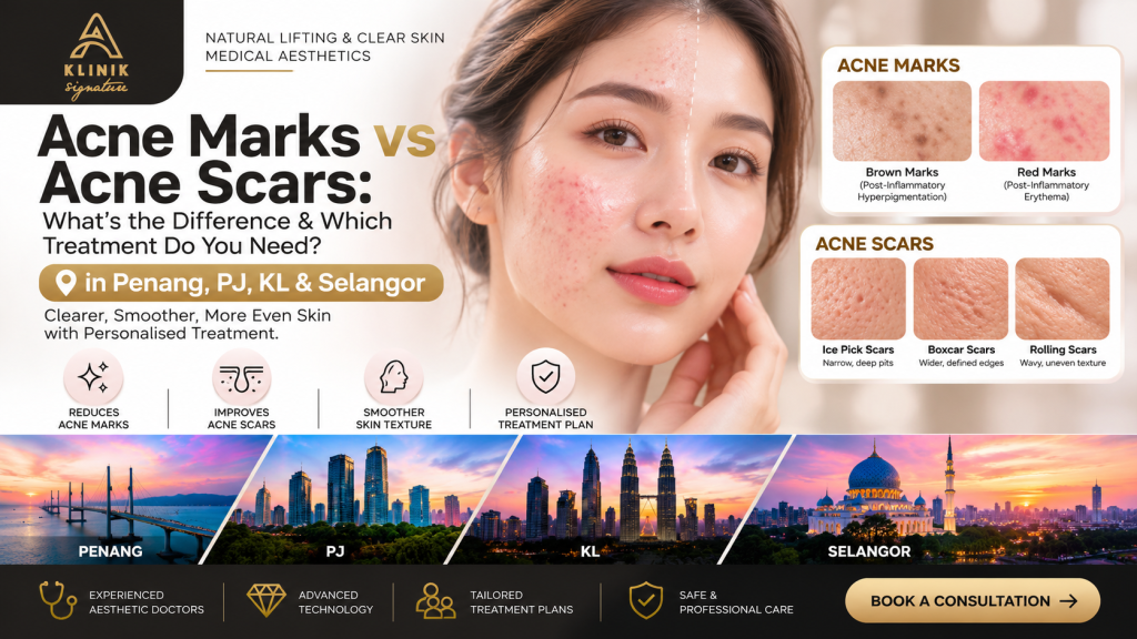 Acne marks vs acne scars treatment in Penang, PJ, KL & Selangor at A Klinik Signature